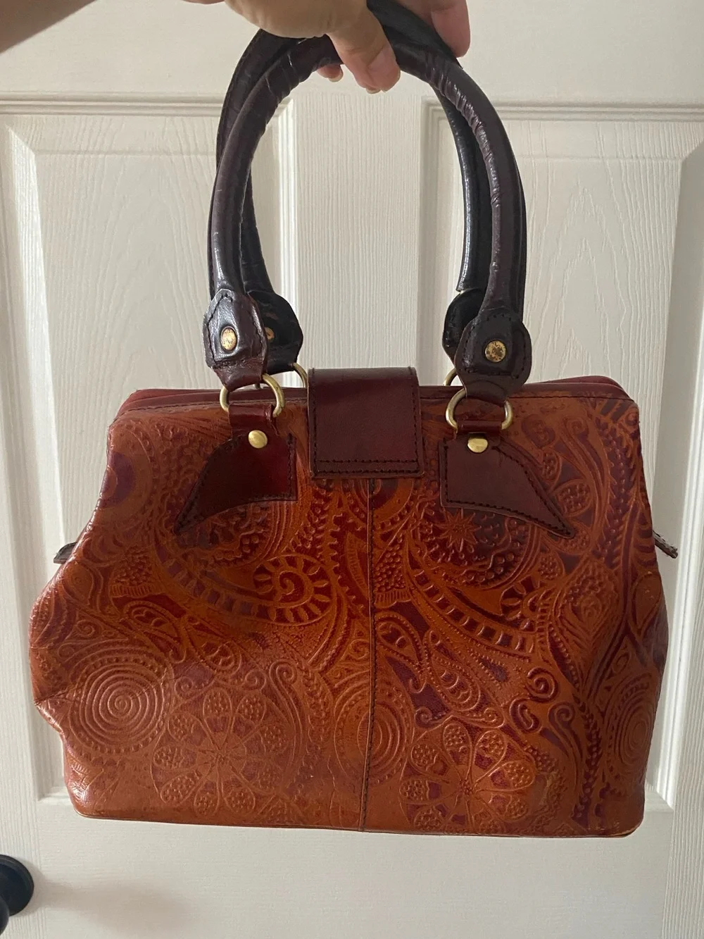 Vintage Leather Satchel Embossed Handbag Brown Medium Size Tooled Leather Boho